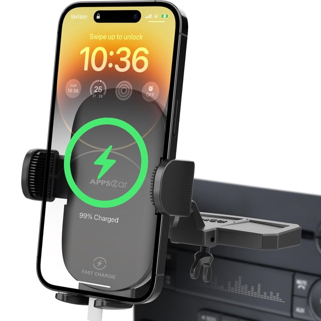 Cargador inalámbrico con soporte para teléfono de coche, 15 W, ranura para CD Apps2Car