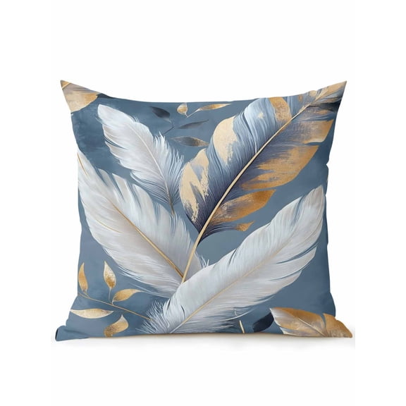 Waterproof Outdoor Throw Pillows with Inserts 18"x18", Gold White Feather Soft Decorative Pillowcases for Couch Bedroom, Modern Spring Blue Leaf Oil Painting Pillow Covers for Sofa Living Room