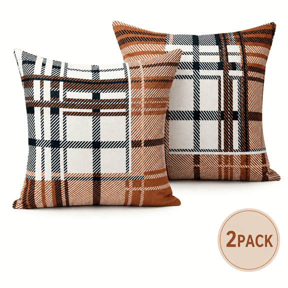 Fall Pillow Covers Autumn Decorative Throw Pillow Cases Orange Plaids Linen Cushion Covers for Farmhouse Thanksgiving Home 18" x 18" 2 Pack