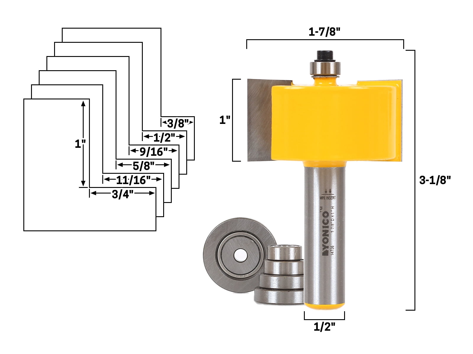 3/8 8mm Shank Rabbet Router Bit with 6 Bearings Set 7/8 and 3/4 5/8 1/2 