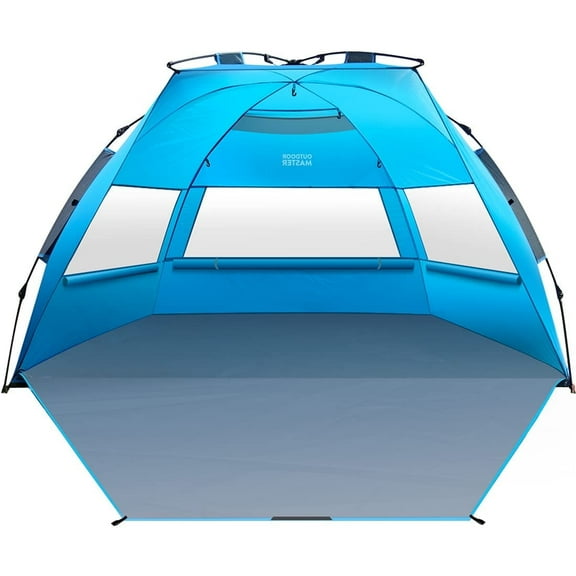 OutdoorMaster Pop Up Beach Tent for 4 Person - Easy Setup and Portable Beach Shade Sun Shelter Canopy with UPF 50  UV Protection Removable Skylight Family Size - Blue