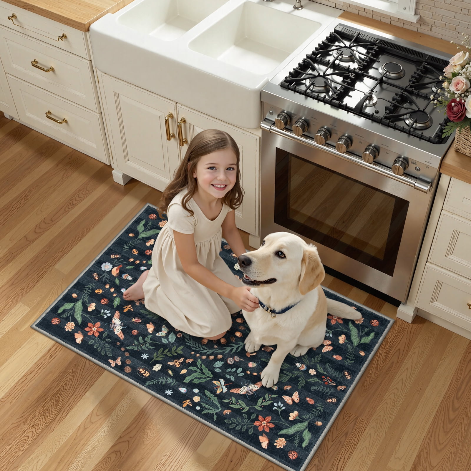 Wonnitar 2x3 Insect Floral Small Rugs for Entryway, Washable Black Boho Door Mat Indoor Entrance, Soft Non-Slip Indoor Carpet for Laundry Bathroom