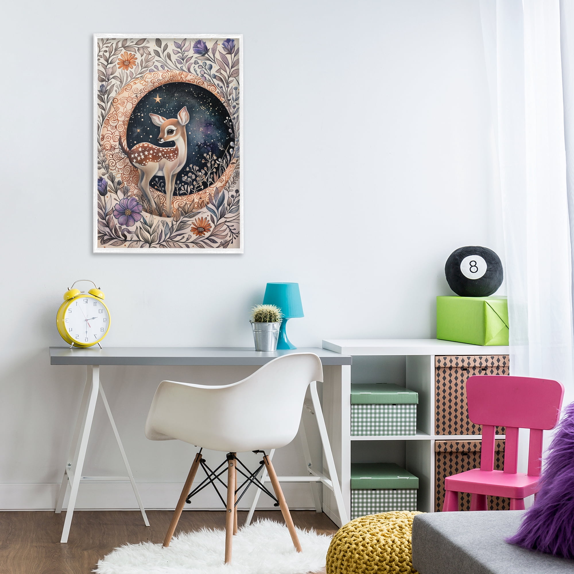 Stupell Industries Floral Fawn & Moon Animals & Insects Painting White Framed Art Print Wall Art, 20 x 30