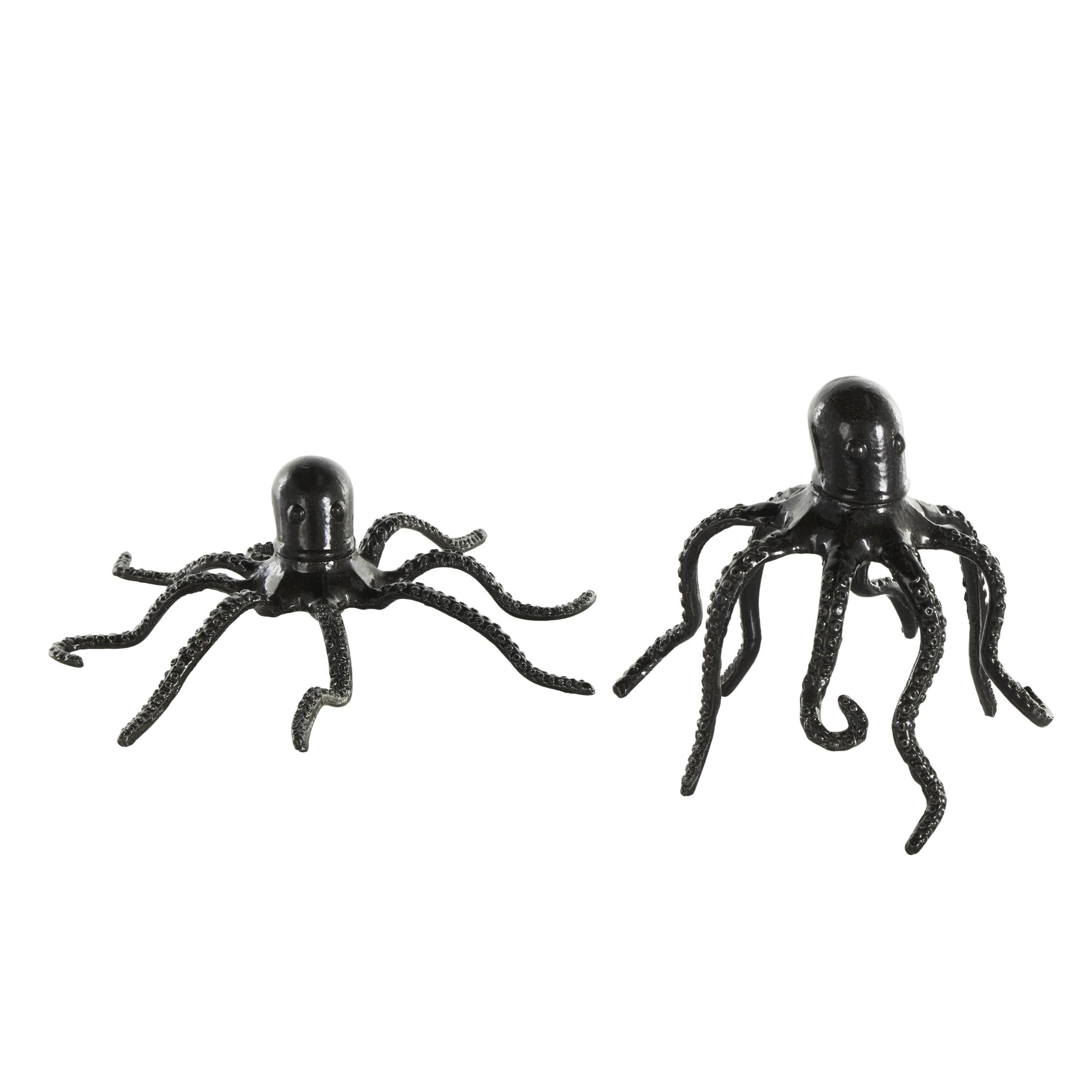 7", 3"H Black Aluminum Metal Octopus Sculpture with Textured Tentacles, by DecMode (2 Count)