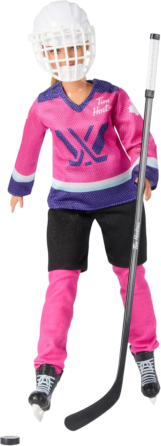 Barbie Tim Hortons PWHL Fashion Doll in Pink, Purple, & Teal Hockey Jersey, Includes Hockey Stick, Puck, and Helmet