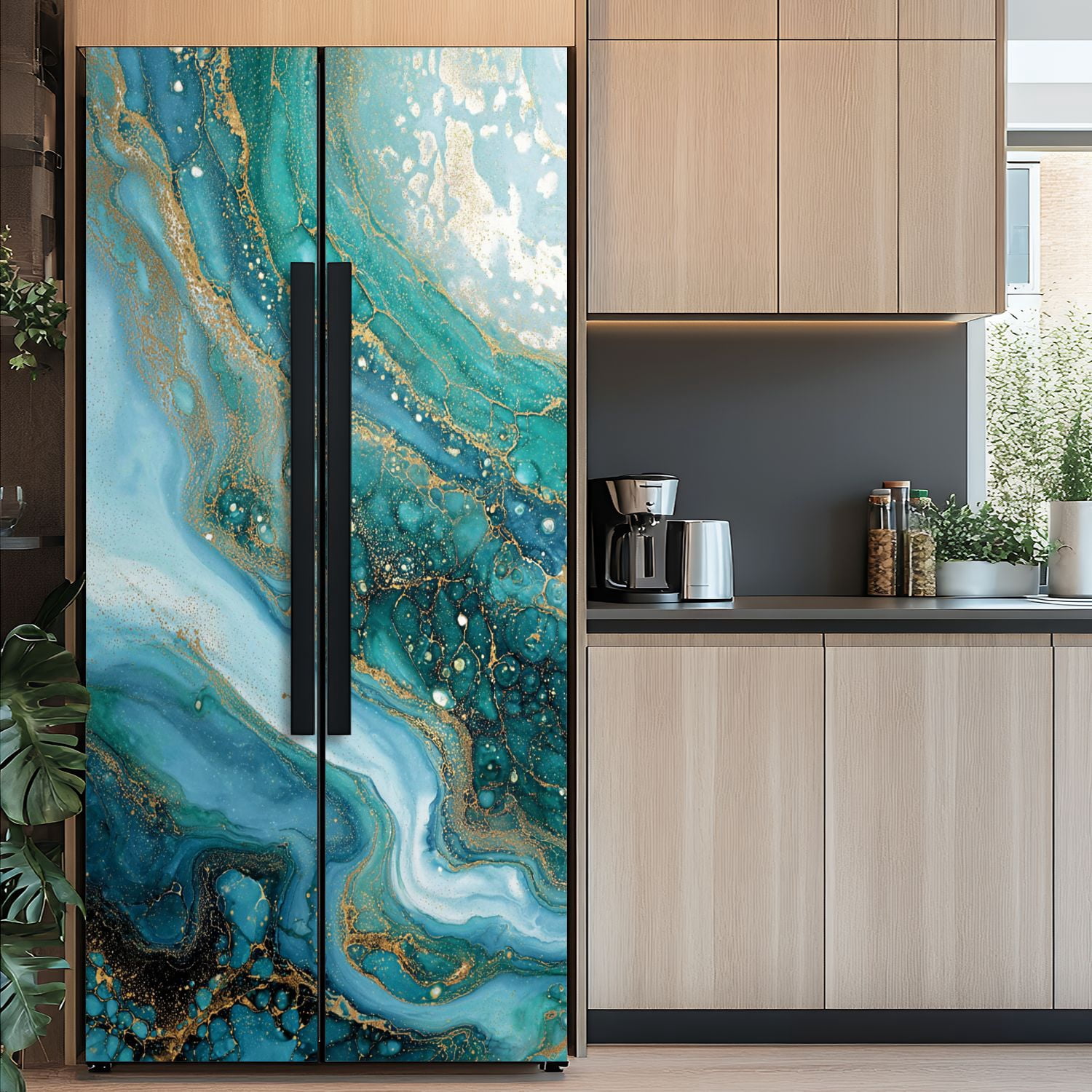 Self Adhesive Vinyl Refrigerator Wrap Set Navy blue White Streaks Ocean Waves spilled Water Ink Door Mural Removable Fridge Sticker Peel and Stick&nbsp;Full Door Cover Decal Kitchen Bar Decor