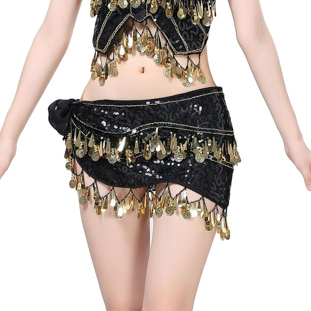 Danza Del Vientre Cadera Bufanda Lentejuelas Danza Cinturón Borla Monedas Falda Cinturón Negro Sunnimix Bufanda de danza del vientre para mujer
