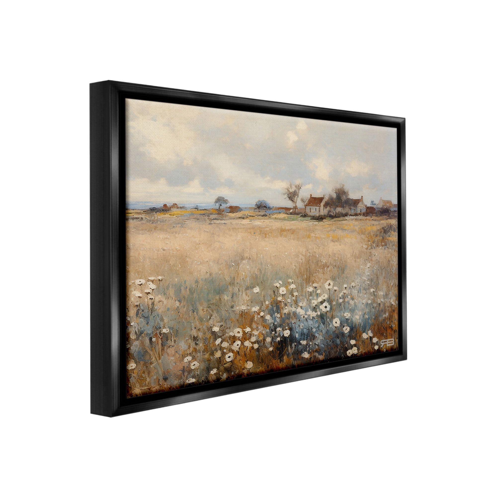 Stupell Industries Cottage & Natural Meadow Landscape Painting Black Floater Framed Canvas Art Print Wall Art, 21 x 17