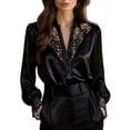 thumbnail image 2 of ClodeEU Women's Lace Satin V-Neck Blouse,Long Sleeve Casual Fashions Shirt Black,Womens Plus S, 2 of 6