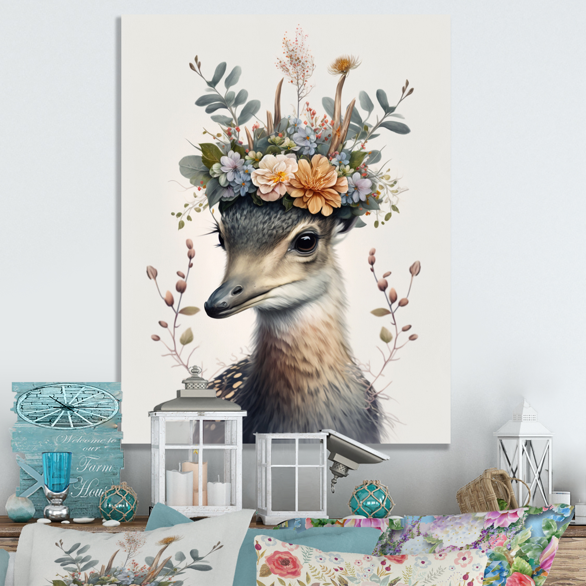 Designart Cute Baby Heron With Floral Crown Canvas Wall Art