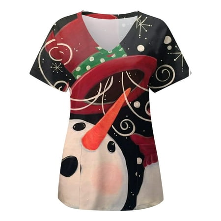

Christmas Shirts for Women Scrub Tops Loose-Fit Workwear Short Sleeve V-Neck Graphic Tees Casual Blouses Cute Tops with Pockets