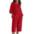 thumbnail image 2 of Antinious Women Solid Crewneck Summer Long Sleeve Loose Blouses Elastic Waist Pants Plus Size Pajamas Outfits, 2 of 5