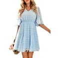 thumbnail image 2 of Blotona Women Midi Dress Short Sleeve V Neck Jacquard Solid Summer Dress for Casual Daily, 2 of 9