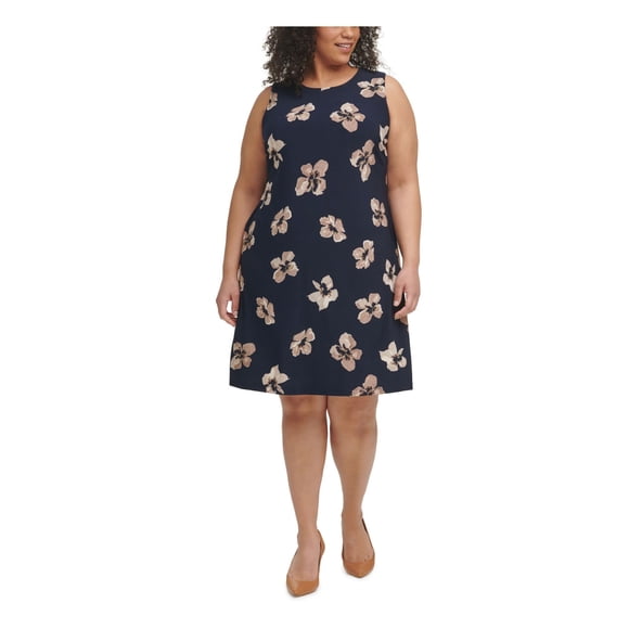 Tommy Hilfiger Womens Navy Stretch Floral Sleeveless Crew Neck Above The Knee Wear to Work Shift Dress Plus 20W