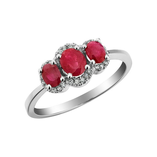 Gem And Harmony - Three Stone Ruby Ring with Diamonds 1.0 Carat (Ctw