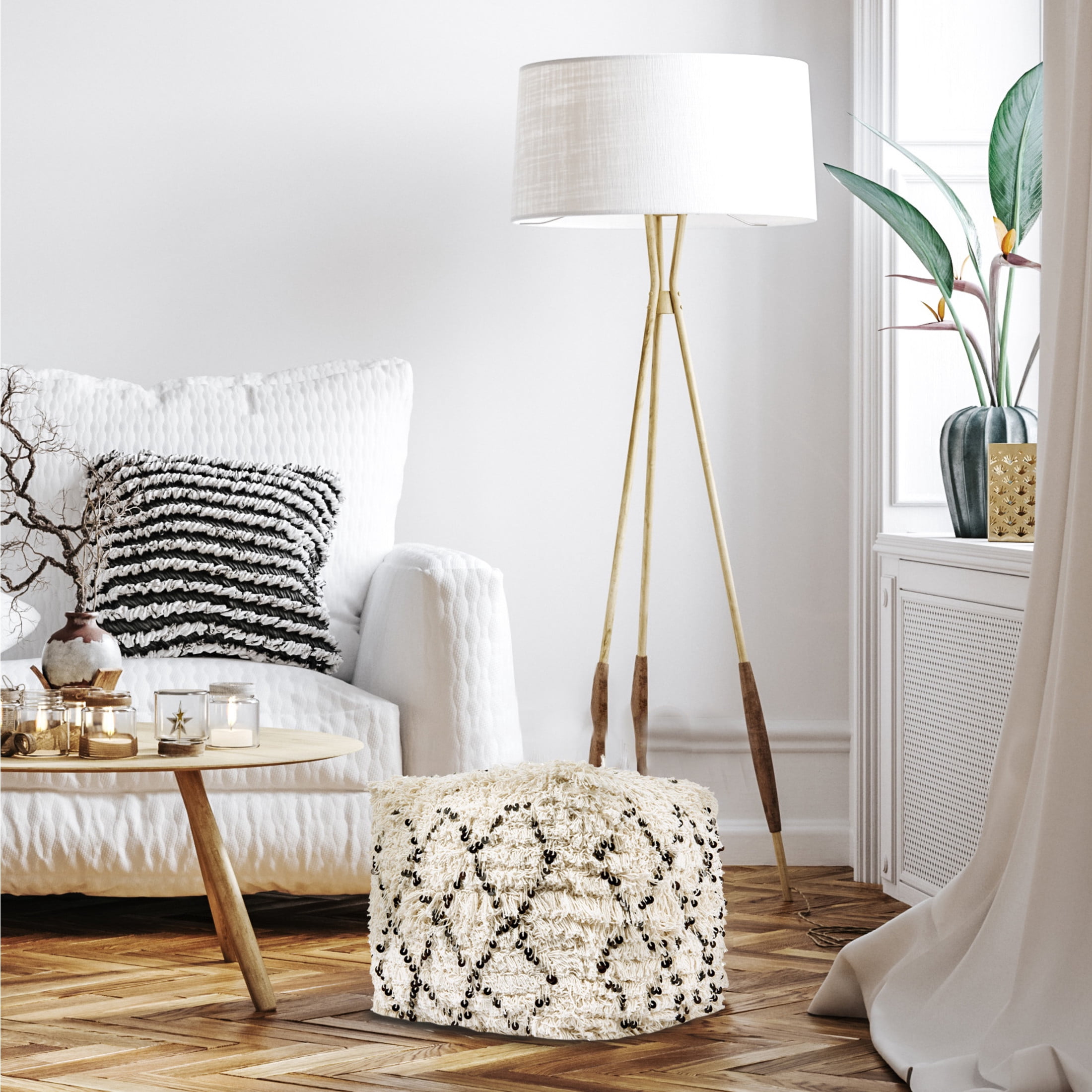 Creative Co-Op Elegant Moroccan Wedding Quilt Pouf with Sparkling Sequins, White