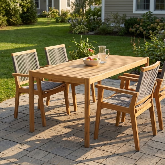 FFZ 5-Piece Outdoor Acacia Wood Dining Set with Rope Chairs, 54.75 inch Table, Dark Gray