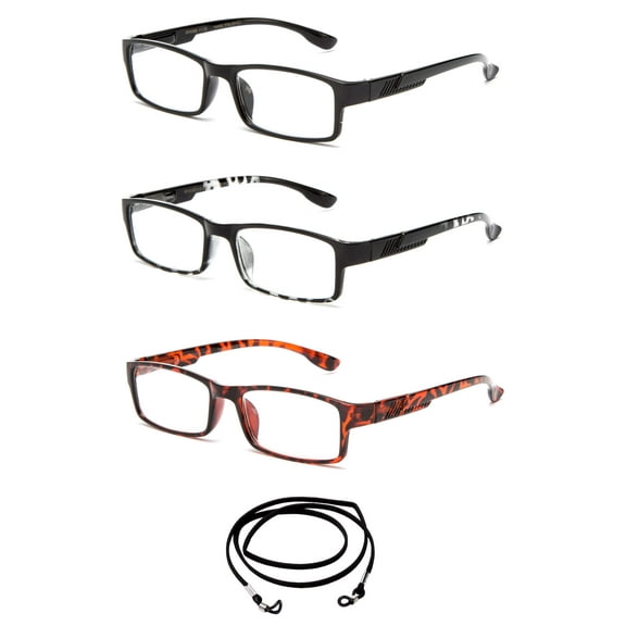 3 Pack Newbee Fashion - "Cema" Squared Thin Frame Fashion Reading Glasses with Lanyard  1.50