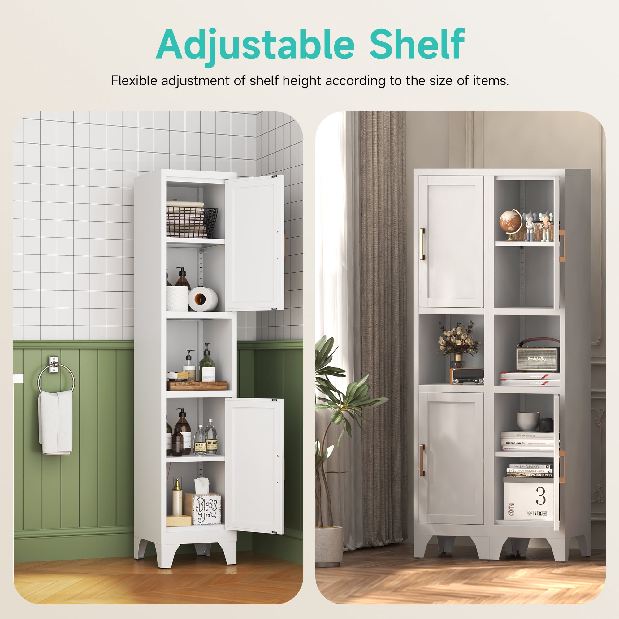 Modern Tall Slim Metal Cabinet with Adjustable Shelves & Doors, Open & Closed Storage, Adjustable Feet for Kitchen, Bathroom, Living Room, Apartment - Sturdy & Easy Assembly，White