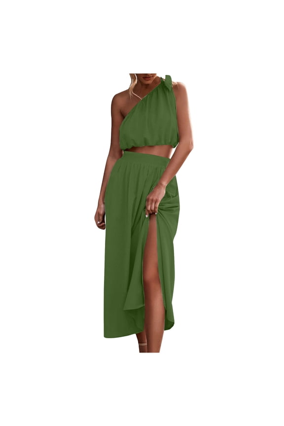 Women's 2 Piece Outfits Tie Knot One Shoulder Tank Top High Waist Side Split Maxi Skirt Green L (US Size:8)