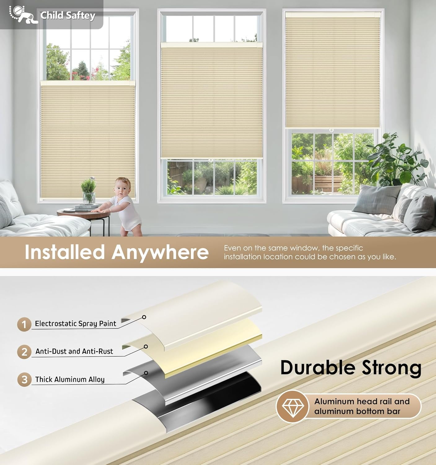 LazBlinds No Tools No Drill Cordless Cellular Shades, Blackout Light Blocking Honeycomb Shades for Home, Thermal Insulation Blinds for Windows, 36" W x 64" H, Beige