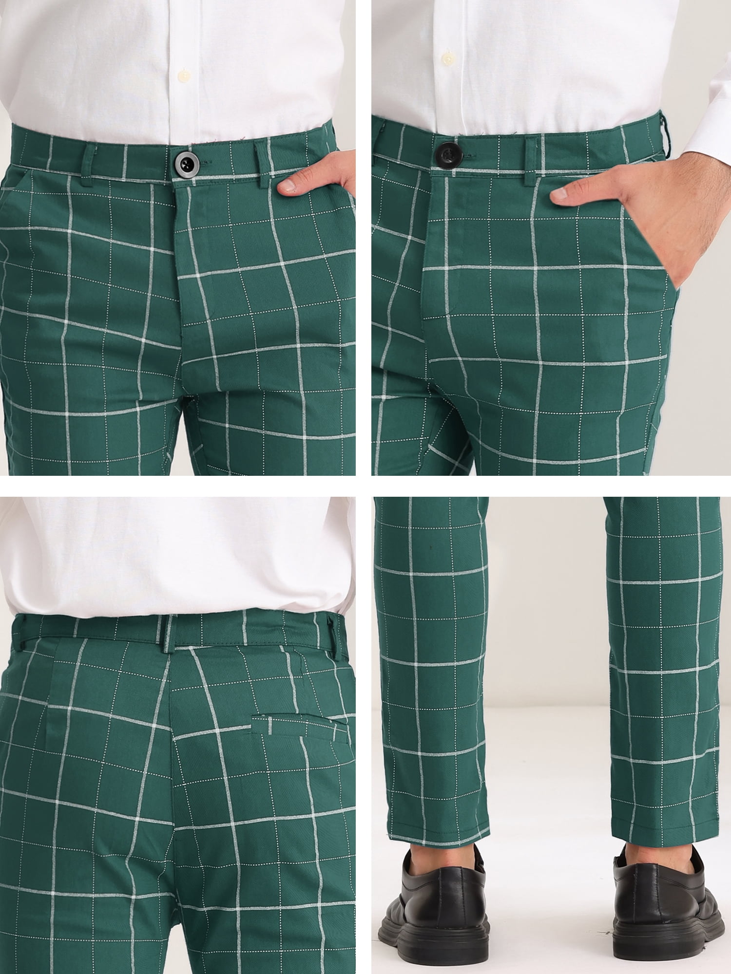 Unique Bargains Men's Plaid Slim Fit Flat Front Business Checked Trousers 38 Green