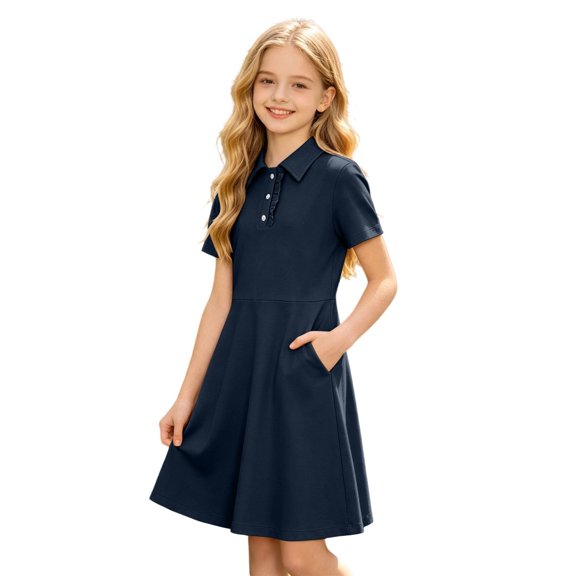 SUYIDA Girls Flutter Sleeve Solid Color Dress, Lace with Side Pockets, Lightweight Everyday Casual Swing Dress for Girls