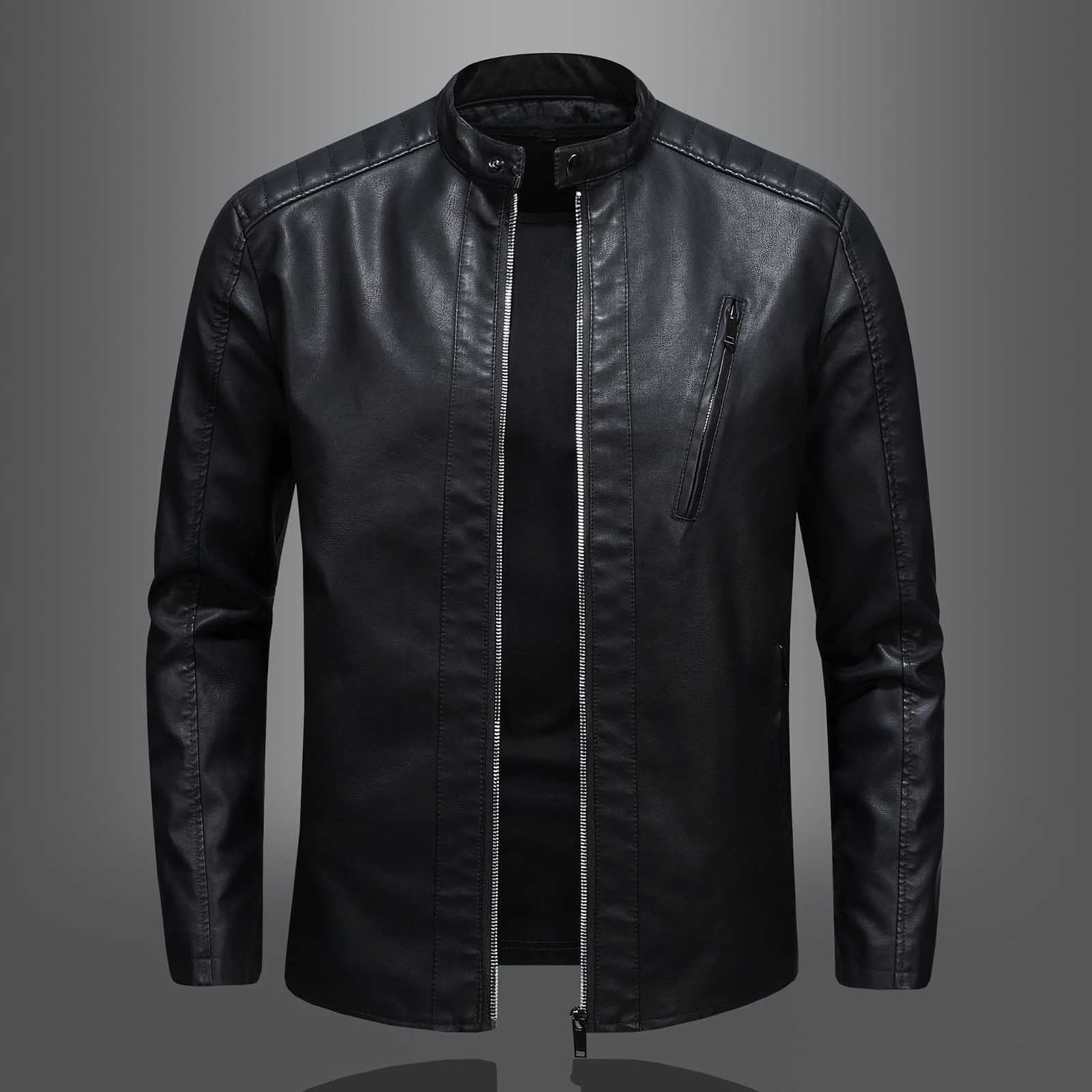 Dpytoraw Men Large Size Standing Collar Leather Jacket Trend Slim Casual Motorcycle Jacket