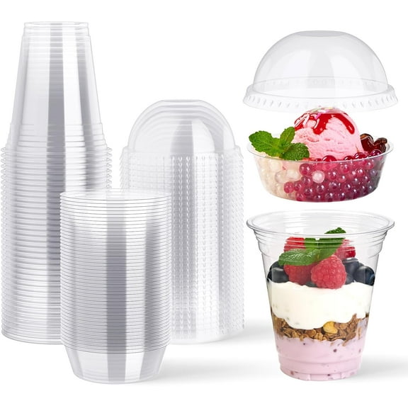 50 Sets 12 oz Clear Plastic Parfait Cups with Insert & Dome lids, Disposable Yogurt Fruit Cups for Kids, for Dips and Veggies, Dessert and Party Snacks