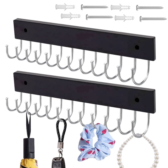 2 Pack Black Wooden Necklace Holder Wall, Wall-Mounted Necklace Hanger with 12 Hooks & Screws, Tangle-Free Jewelry Wall Organizer Rack for Hanging Belt Closet Purse Tie Earring Key