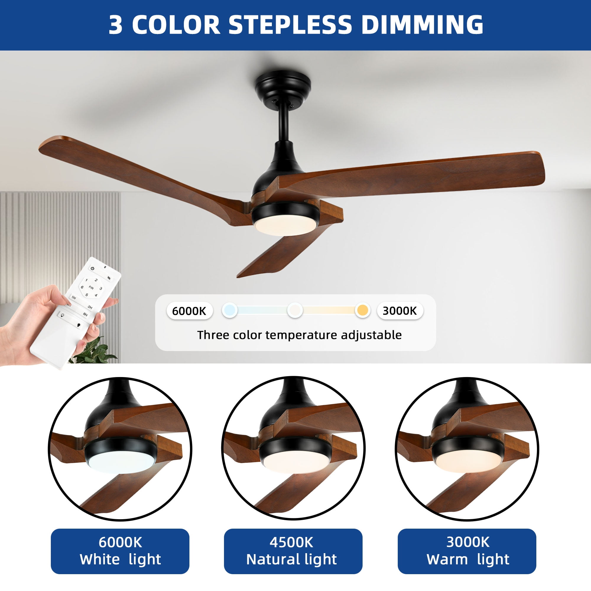 Dextrus 52'' Walnut and Black Modern Dimmable LED Ceiling Fan with 6 Speed Remote