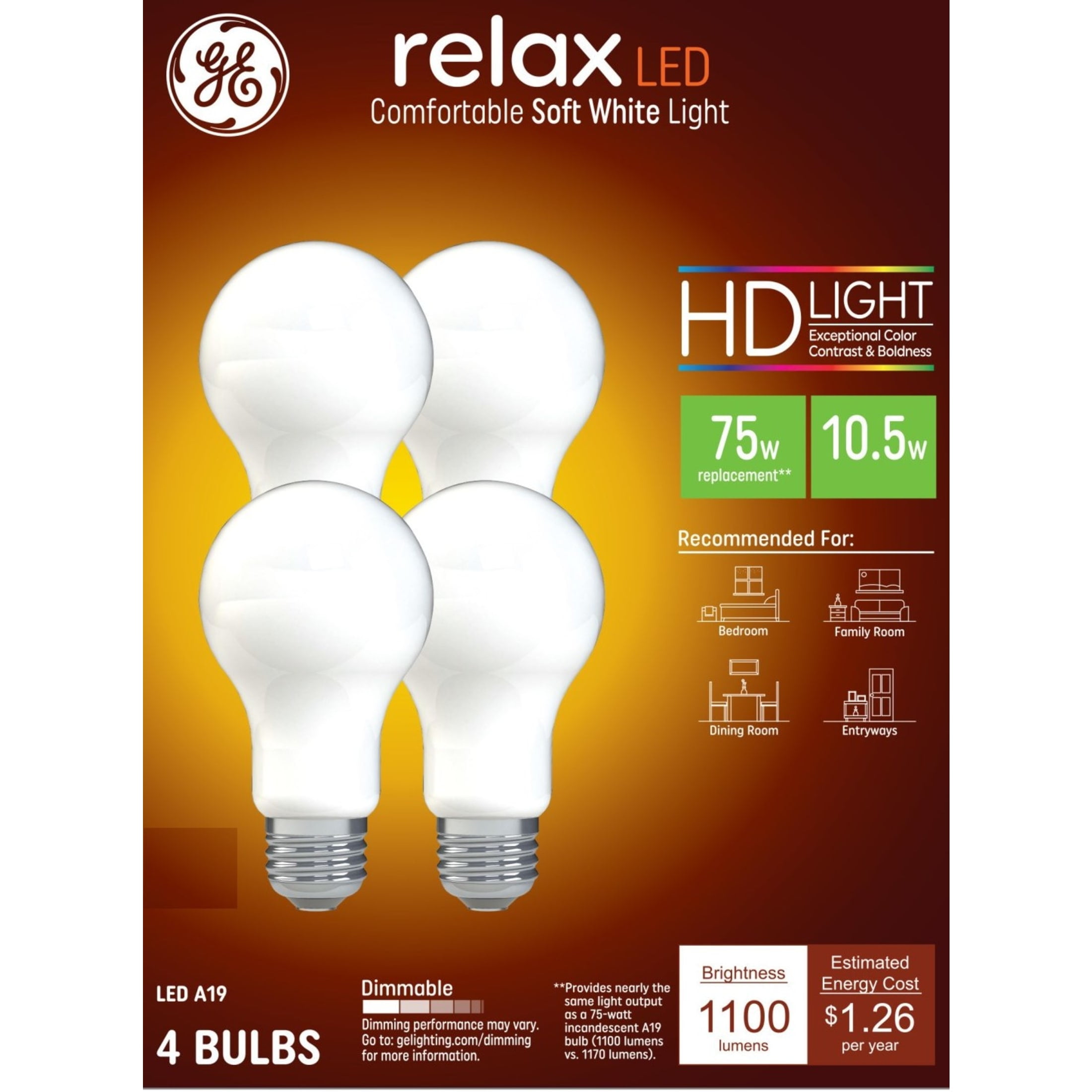 (3 pack) GE Relax HD LED Light Bulbs, 75 Watt, Soft White, A19 Bulbs, 4pk