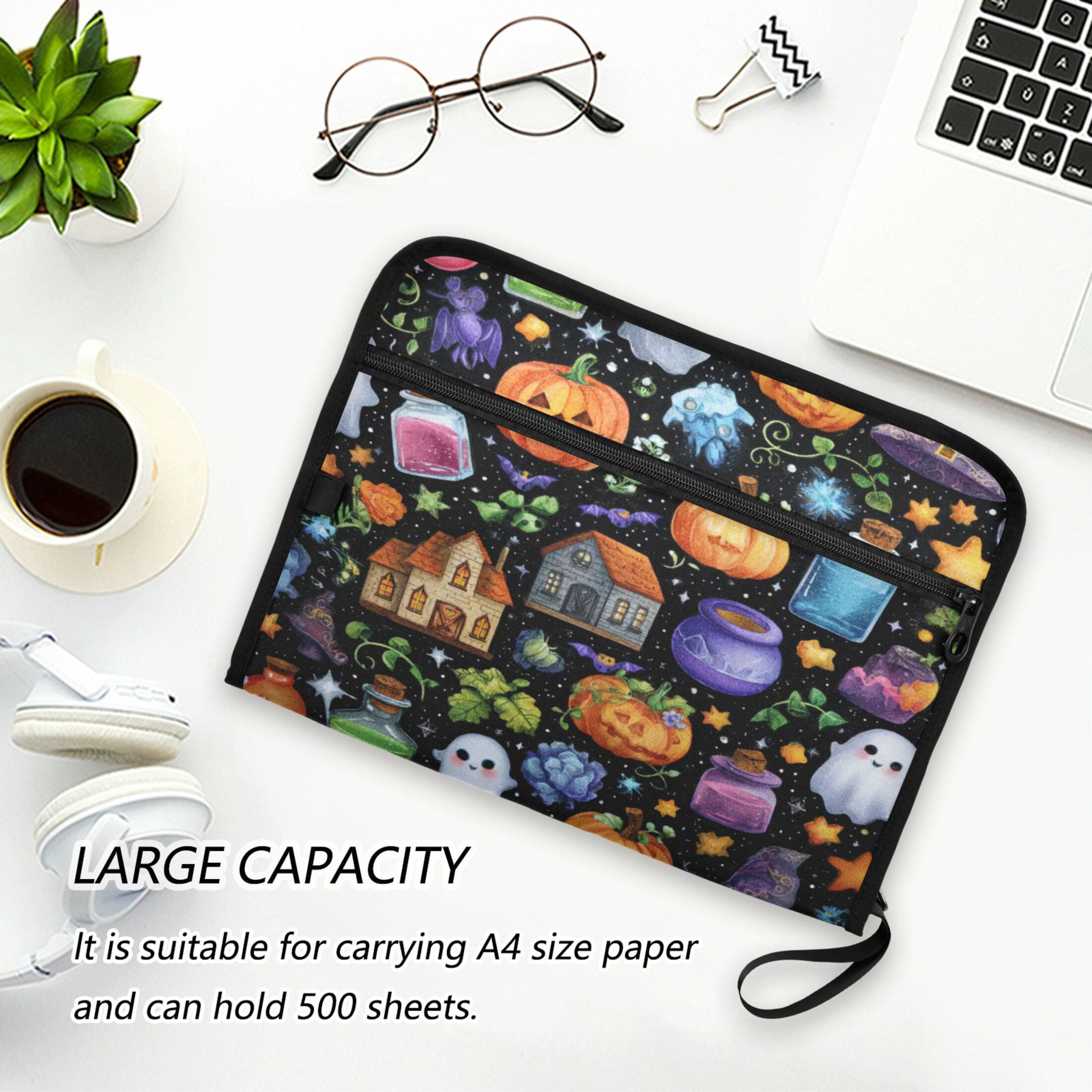 13 Individual Pockets Organ Folder Waterproof A4 Size File Folder Home Work Office Categorized Storage File Manager Spooky Halloween Fabric