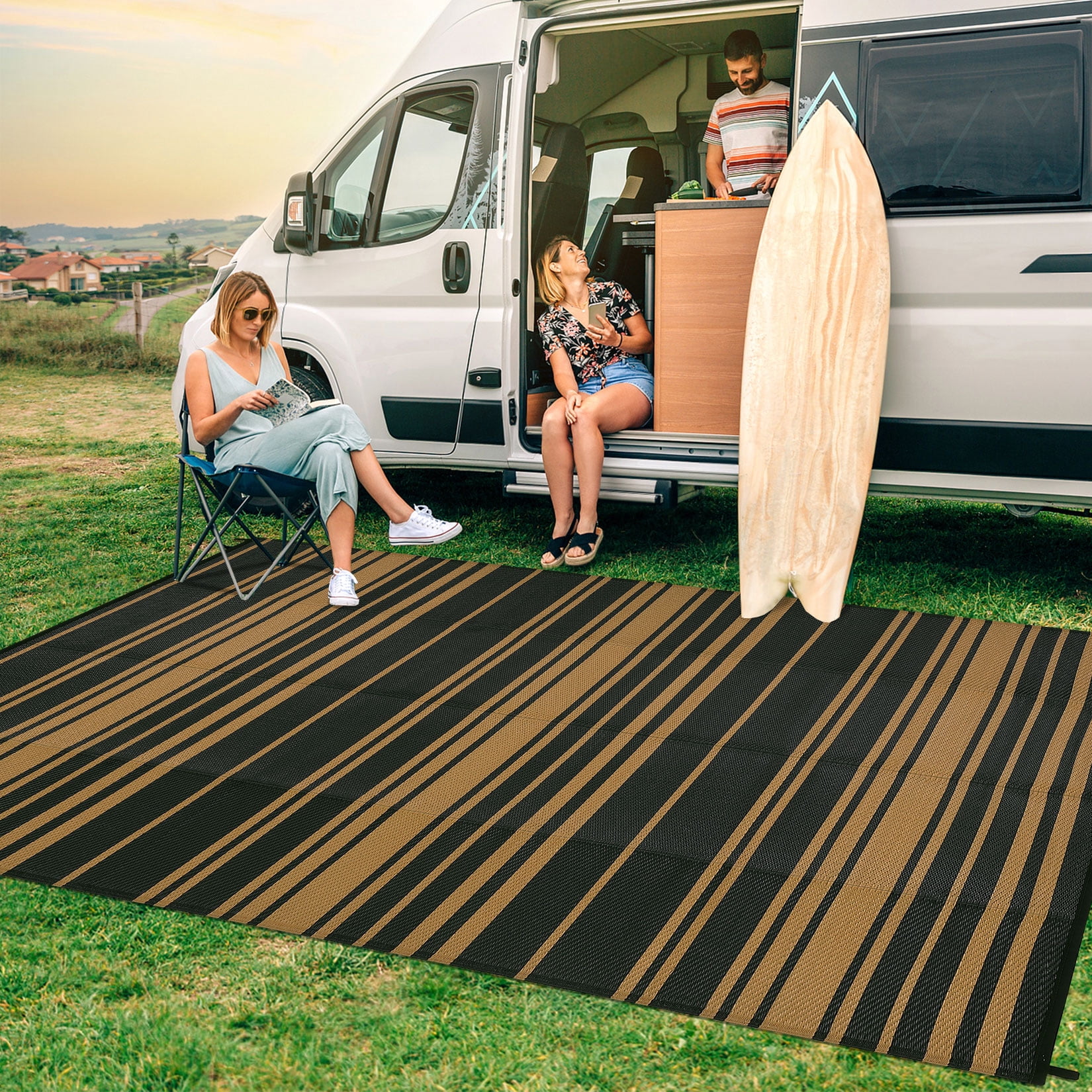 Garvee 9x18ft Waterproof Outdoor Rugs Modern Striped Outdoor Camping Rugs for Patio, Reversible UV-Resistant Plastic Straw Rugs Carpet for Porch, Deck, Backyard, Balcony, Black Brown