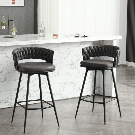 BFZ Bar Stools Set of 2, 26" Counter Height with Woven Back and Footrest, Black/Gray (Set of 2)