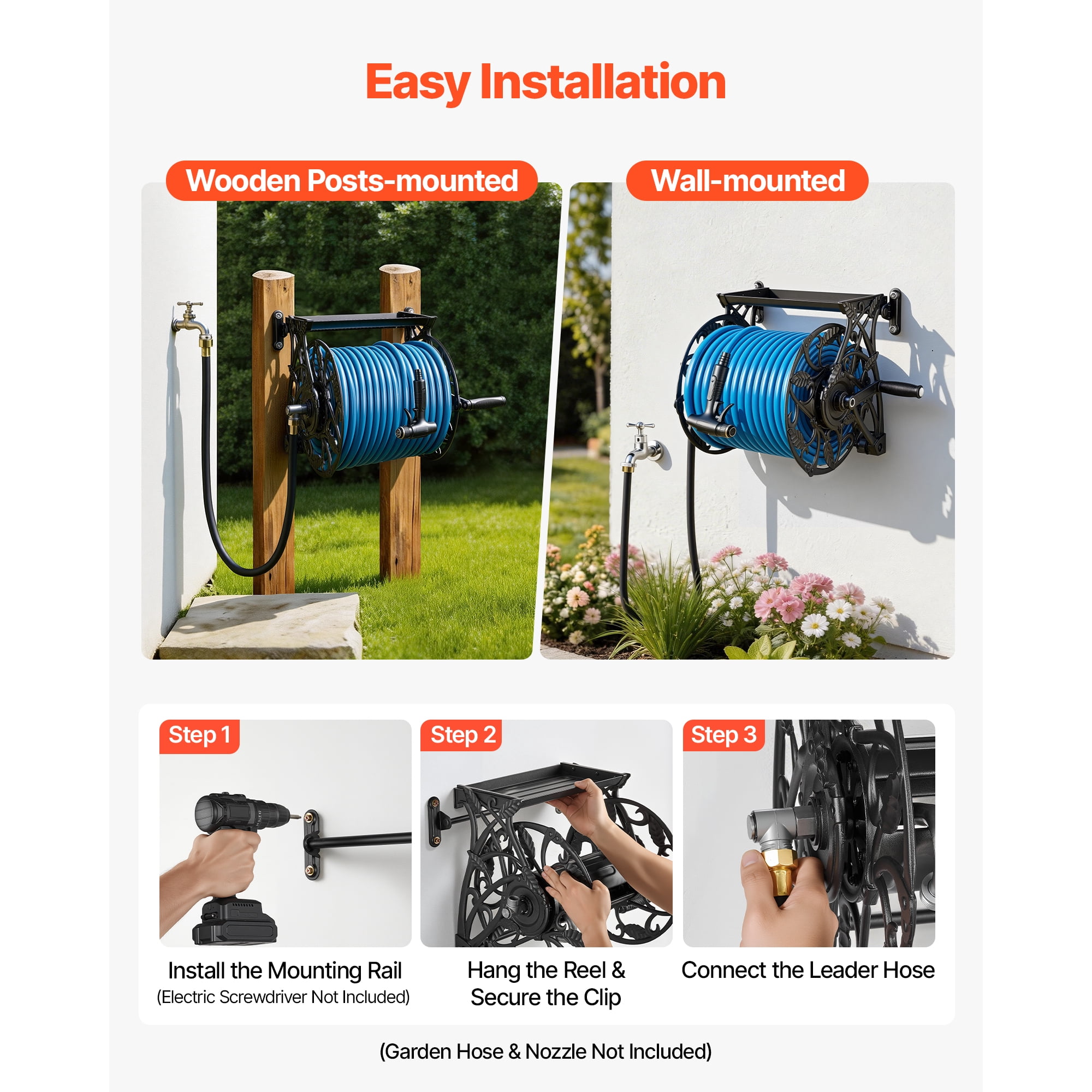 KFFKFF Wall-Mounted Garden Hose Reel, Fits 135 Feet of 5/8-inch Hose, Durable Outdoor Water Hose Holder with Expanded Top Tray, Aluminum Alloy Connector, Decorative Design, Ideal for Backyards