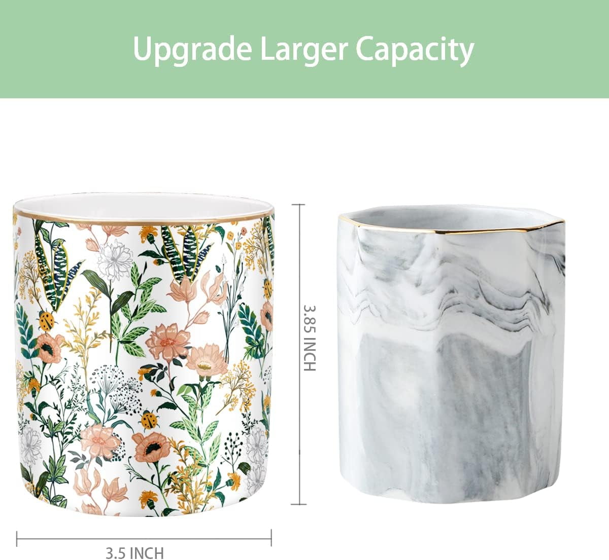 Large Capacity Colored Pen Holder for Desk, Ceramic Pencil Cup Marker Makeup Brush Holders, Desk Accessories & Workspace Organizers Home, Office, White Flower