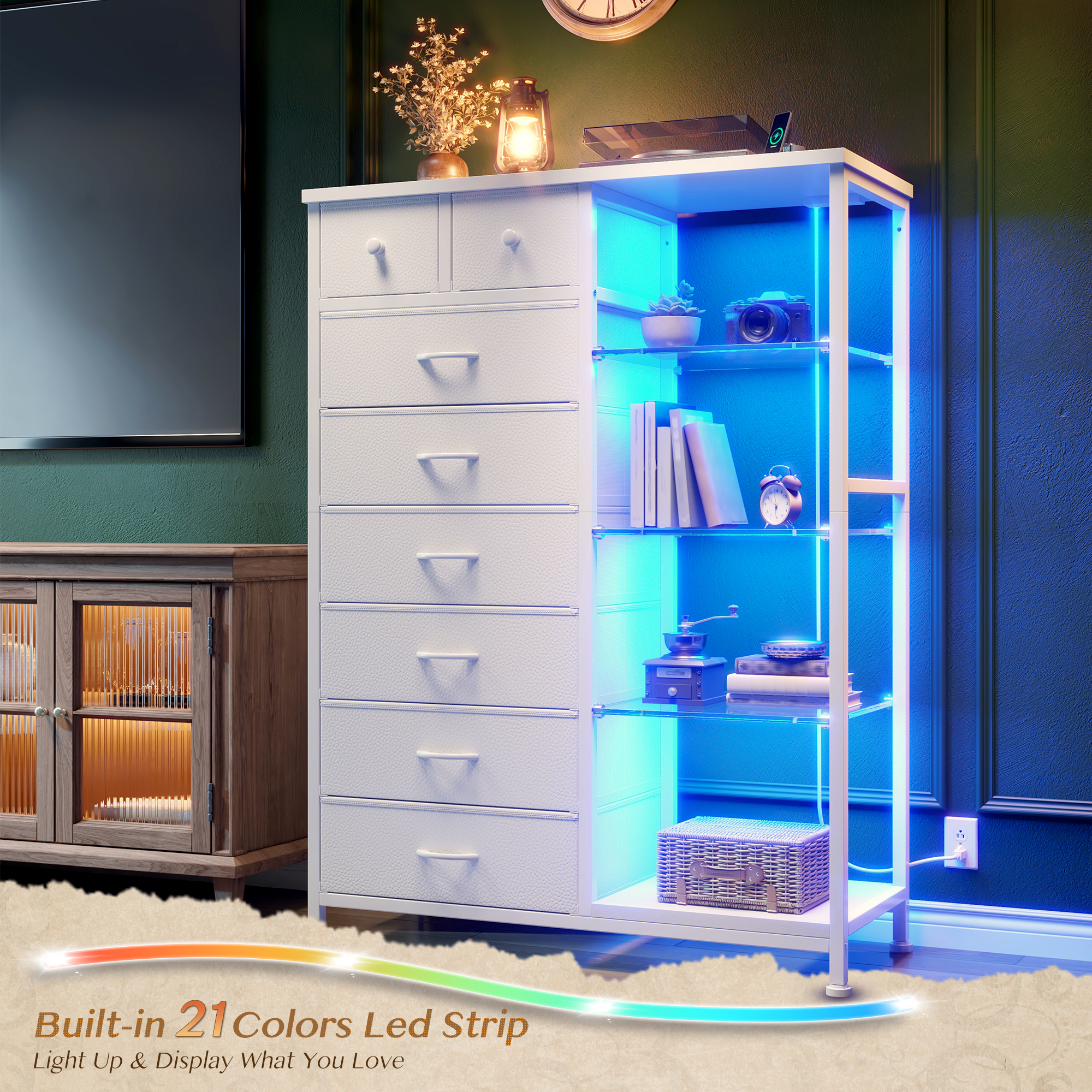 EnHomee White Dresser for Bedroom with Acrylic Open Shelves & Charging Station Tall Dresser with 8 Fabric Drawers & LED Lights
