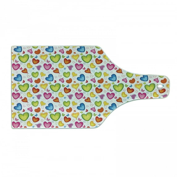 Love Cutting Board, Colorful Hearts and Butterflies Silhouettes Doodle Style Happy Valentines Day Pattern, Tempered Glass Cutting and Serving Board, Wine Bottle Shape, Multicolor, by Ambesonne