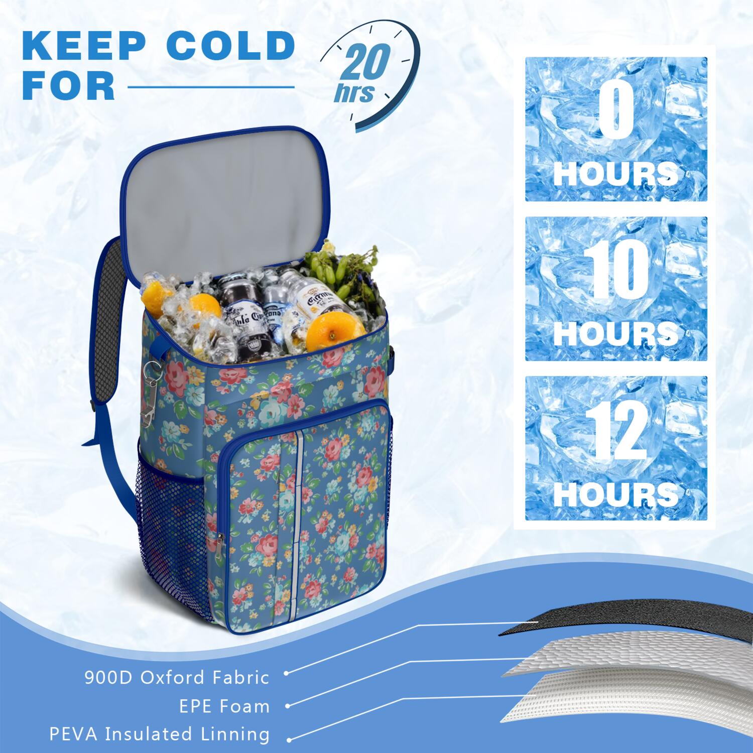 Travel Cooler Bag - Pioneer Flower Floral Print Pattern Camping Beer Cooler Backpack with Bottle Opener- Waterproof Insulated Picnic Backpacks - Cooler Bag for Beach