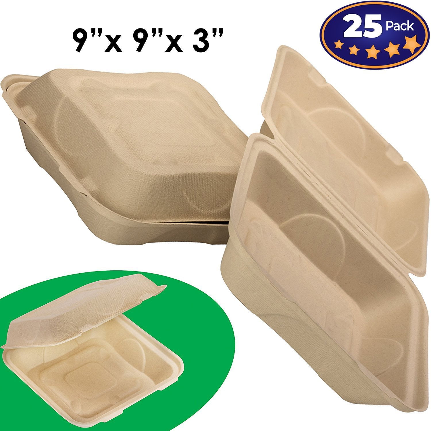 Biodegradable 9x9 Take Out Food Containers with Clamshell Hinged Lid 25