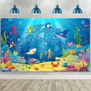 Sea Backdrop Ocean Animal Happy Birthday Decorations Under Ocean Theme Birthday Photography Background Banner for Kids Dolphin Shark Underwater Blue Party Decorations Supplies