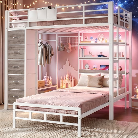 Torveric Bunk Bed Twin Over Twin with Storage Hall Tree and LED Shelves & Drawers Full-length Guardrail & Ladder White Maximize Space Saving Small Bedroom Furniture