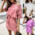 thumbnail image 1 of Zeus Robe Mini Élégante pour Femmes Couleur Unie Col Halter une Épaule Manches Courtes Ceinture Taille, 1 of 7