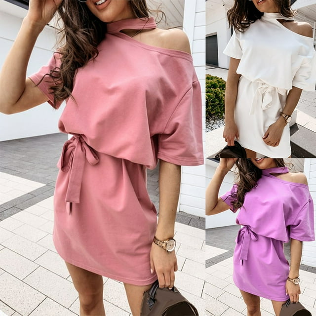 Zeus Robe Mini Élégante pour Femmes Couleur Unie Col Halter une Épaule Manches Courtes Ceinture Taille