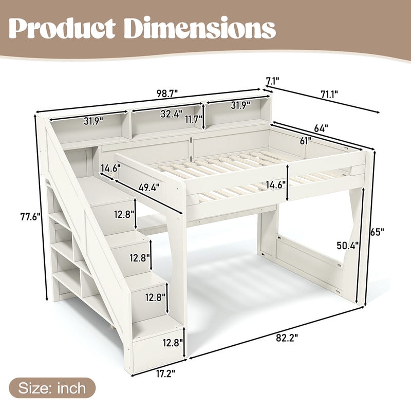 Queen Size Teens Gaming Bed Frame with Storage Stair & Open Headboard Shelves, Wood Loft Bed with LED Light & Power Outlet Desk