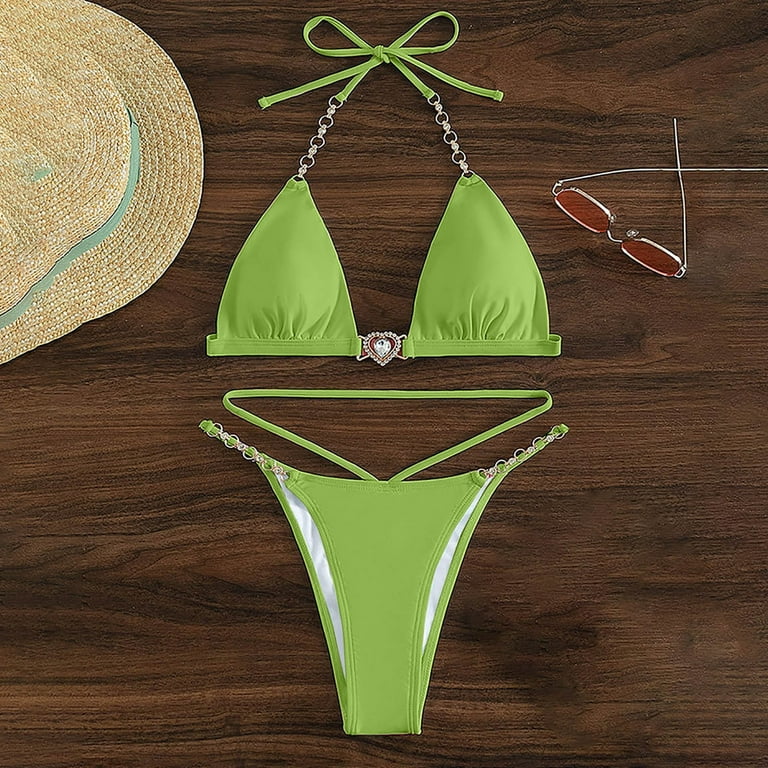 Herrnalise Womens Swimsuits Two PieceHalter Bicolor Casual Waist SlimHollow  Out Solid Color Bikinis Sets Green 