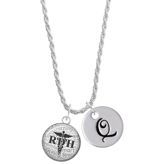 Delight Jewelry Silvertone Domed Black RDH Silvertone Script Initial Disc - Q - Charm Necklace, 20"+3"