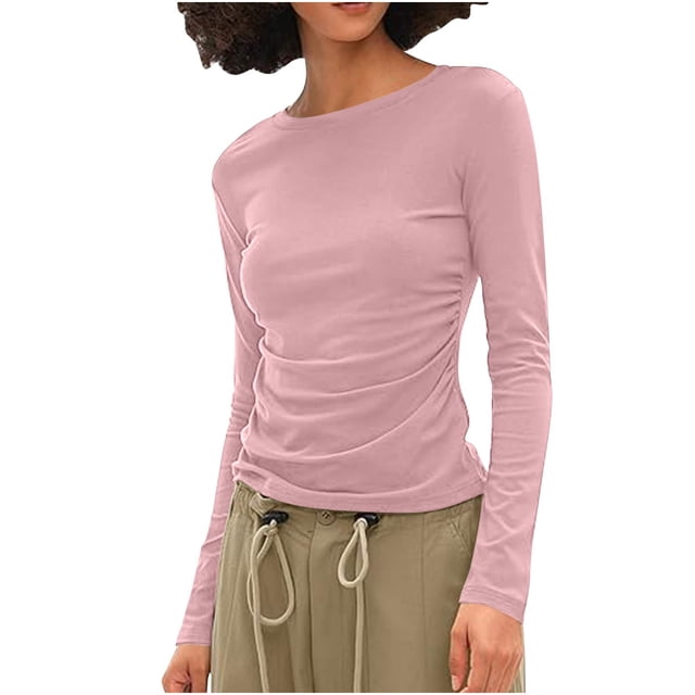 Timegard Hauts de Sortie pour Femmes Col Rond Froncé sur le Côté Blouse Slim Automne Confort Décontracté Tee Basique