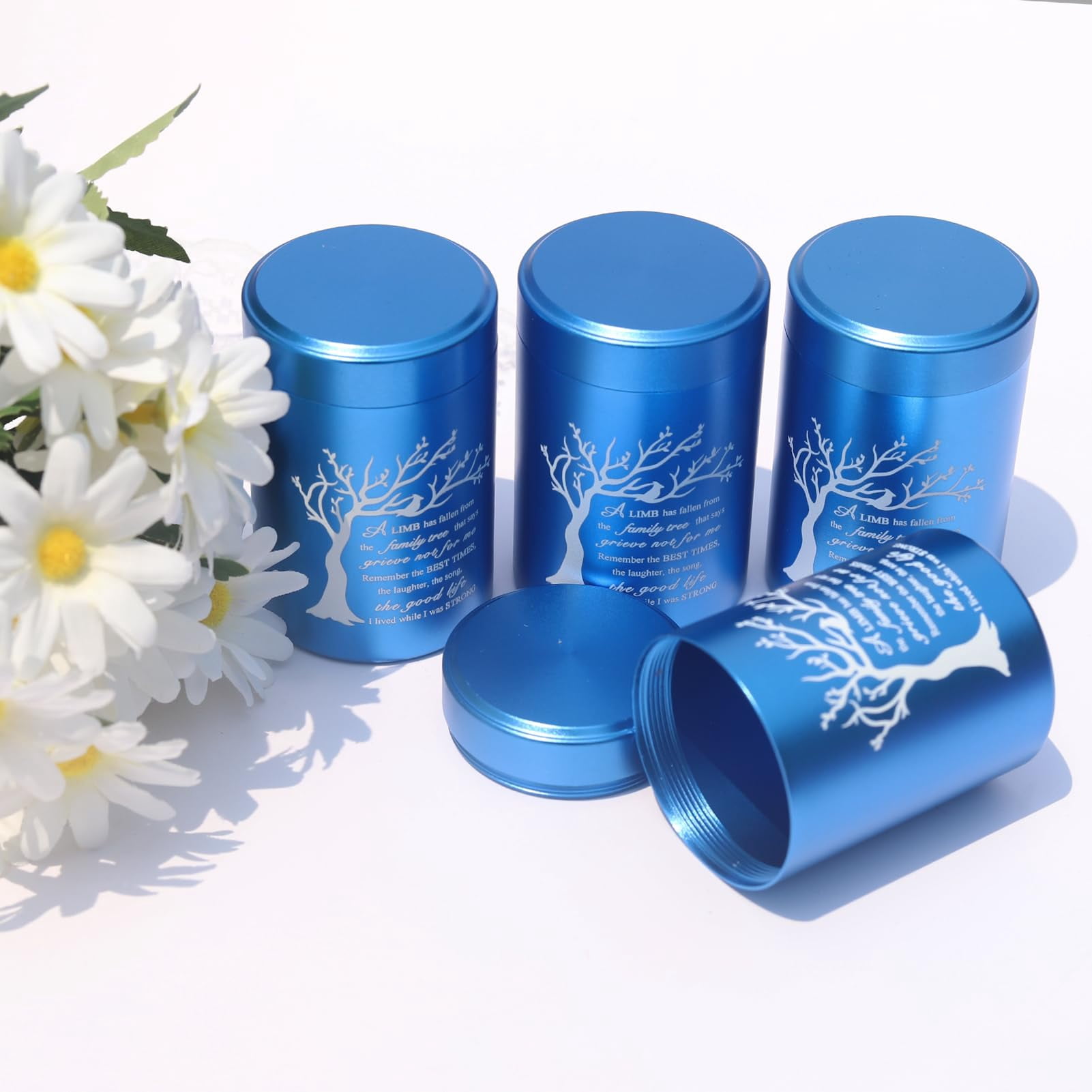 Small Urns for Ashes - Set of 4，2.7 inch High Quality Aluminium Mini Urns, Cremation Urns for Human/Pet Ashes, Ashes Holder, Small Keepsake urns--A LIMB has fallen from the family tree, Blue